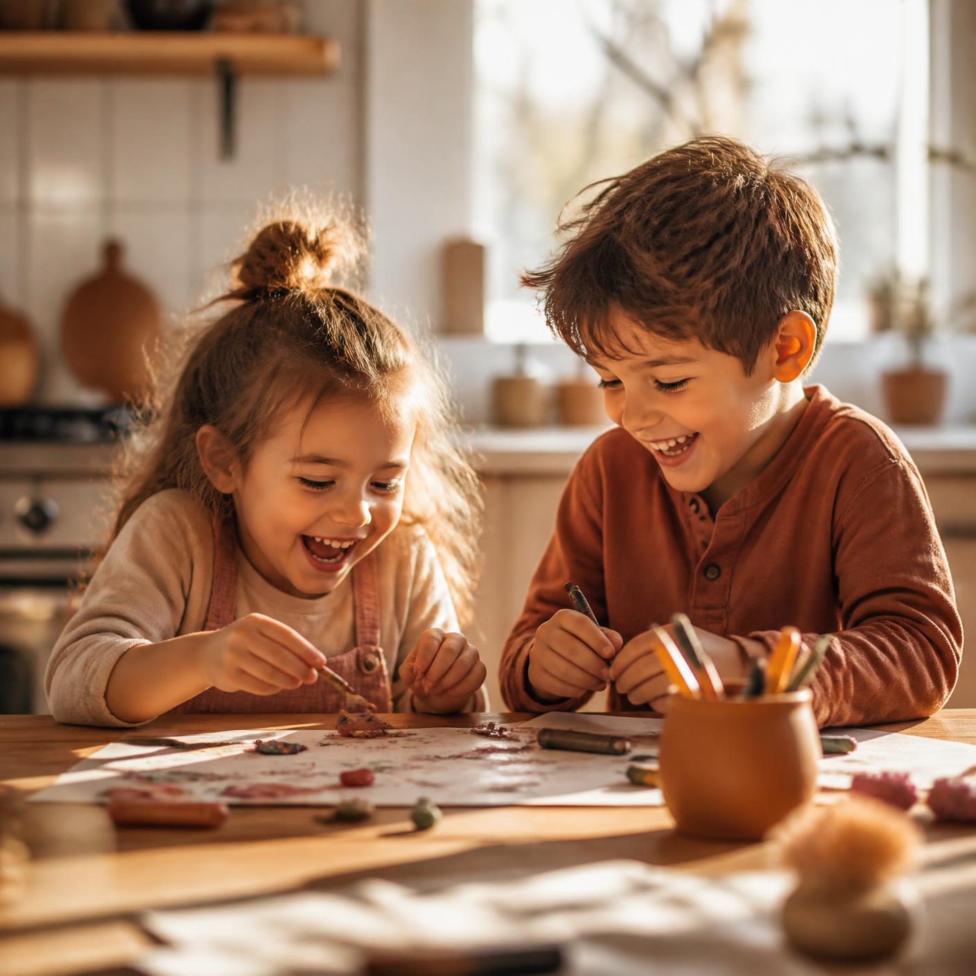 Twee kinderen die lachend knutselen aan tafel